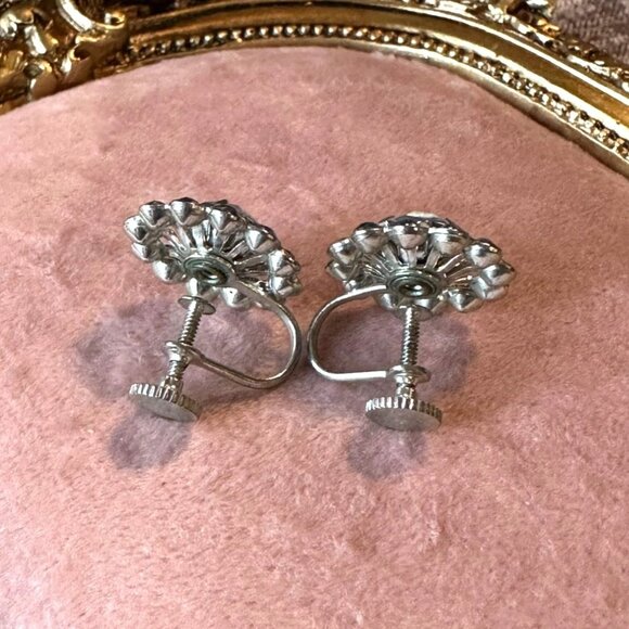 Vintage Screw Back Earrings With Light Blue Rhinestone Floral Design Mid-Century - Picture 3 of 8